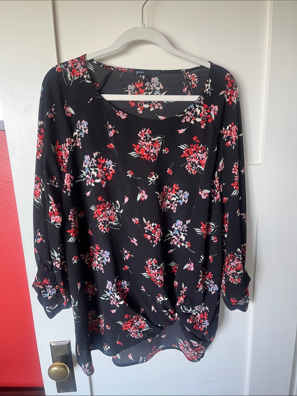 Gibson Black Tunic with Red and Pink Floral Pattern
